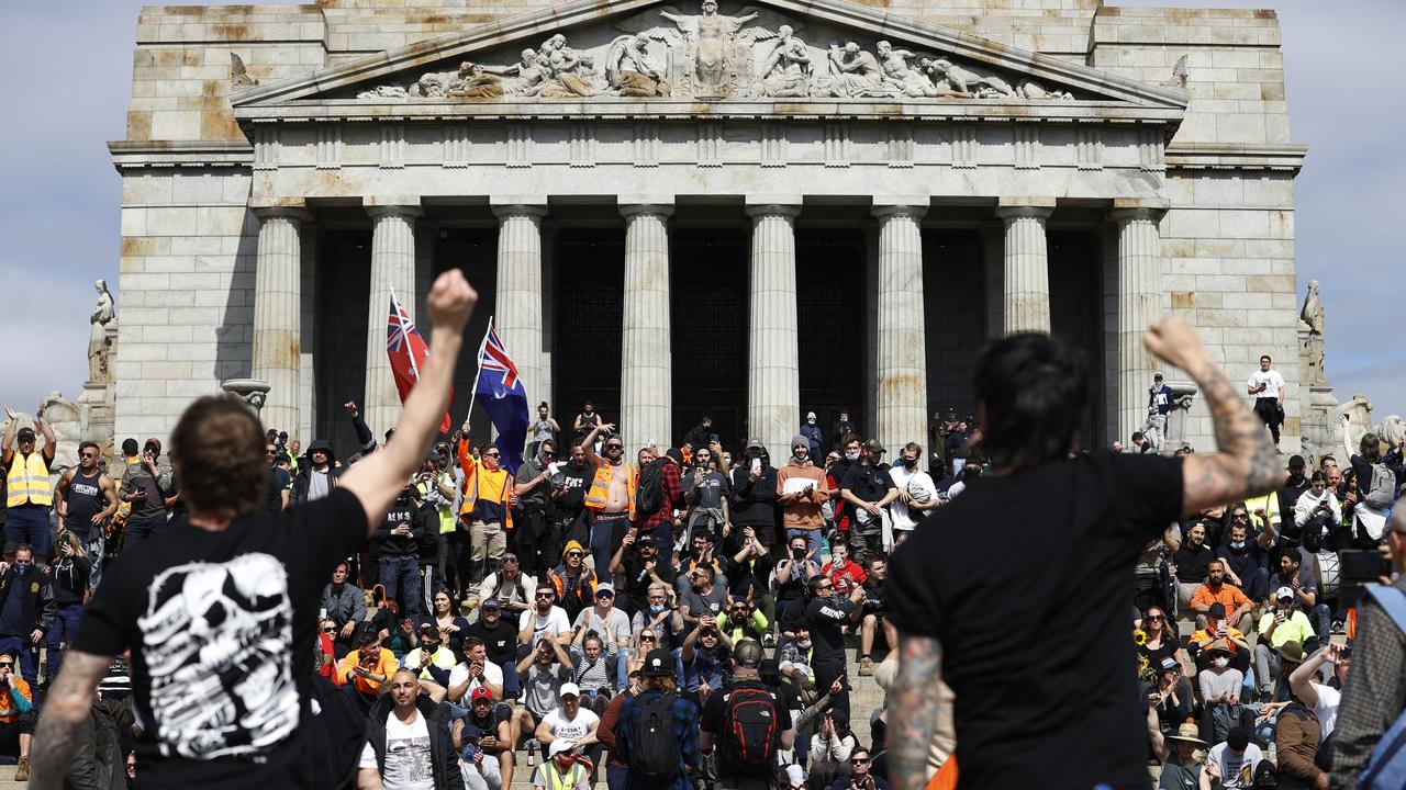 Protesters at the Shrine of Remembrance yesterday. Picture: Alex Coppel