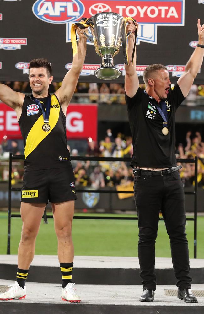 Trent Cotchin and Damien Hardwick hold the Premiership Cup. Picture: Michael Klein