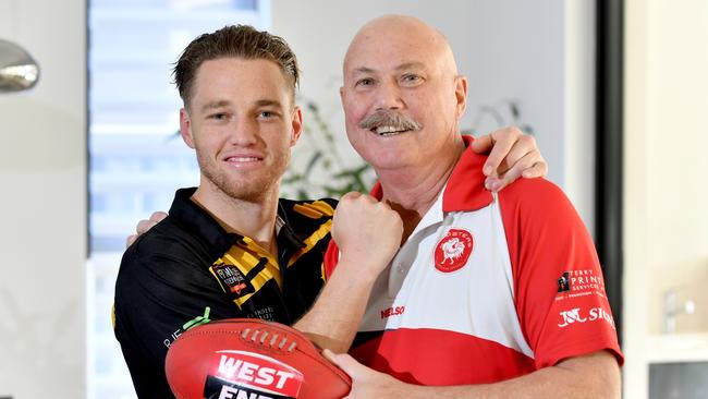 Lee and Michael Virgin Are father and son who in the last two years have been involved in the most unlikely SANFL Premiership wins. Pictured at Glenelg East on Wednesday 25 September 2019. (AAP Image/Sam Wundke)