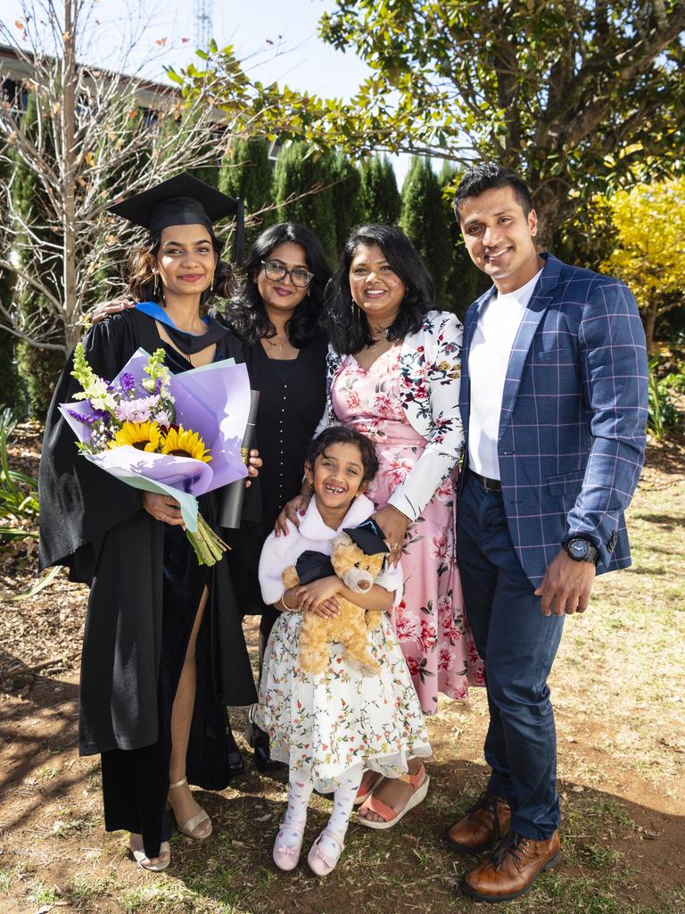 Celebrating with Bachelor of Nursing graduate Therase Laiju are family and friends (from left) Anna Laiju, Jeana Jobin, Jeena Saji and Jobin John at a UniSQ graduation ceremony at Empire Theatres, Wednesday, June 28, 2023. Picture: Kevin Farmer
