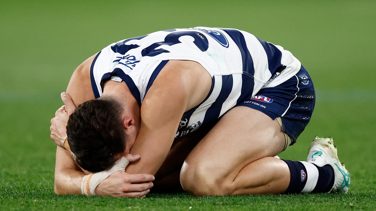 Shannon Neale looking dejected after Geelong’s preliminary final loss to Brisbane. Picture: Michael Willson/AFL Photos via Getty Images