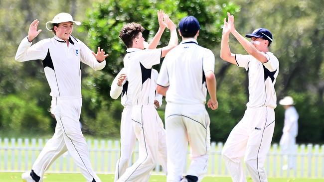 Brisbane Grammar School celebrate a wicket. Picture, John Gass