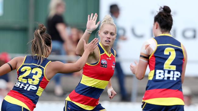 Erin Phillips celebrates a goal with her teammates. Picture: Getty Images