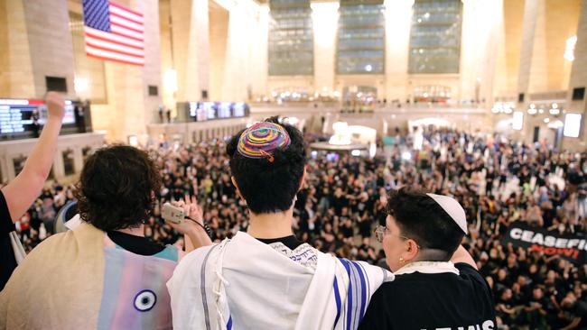 People demonstrate calling for a ceasefire amid war between Israel and Hamas, at Grand Central Station in New York City. Picture: AFP