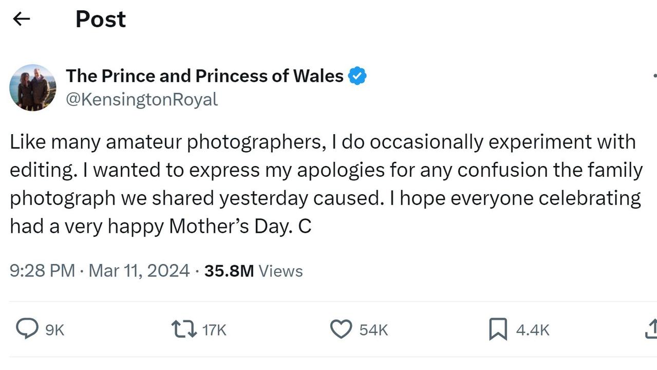 The Princess of Wales later apologised for the confusion about the edited image. Picture: KensingtonRoyal / X