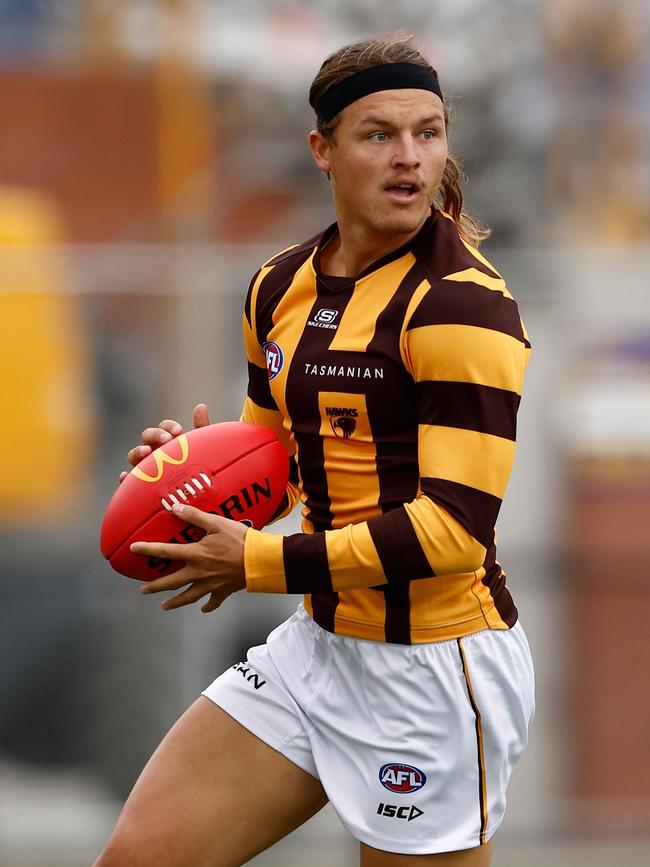 New Hawk Jack Ginnivan donned the brown and gold long sleeves in his first outing. Picture: Michael Willson/AFL Photos via Getty Images)