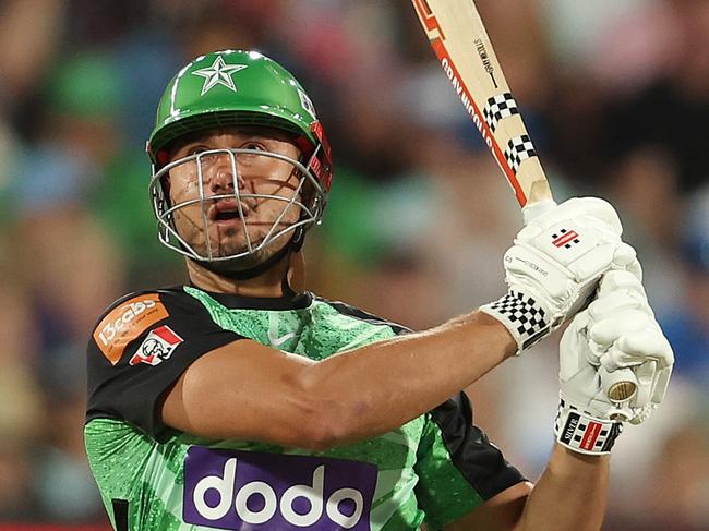 ADELAIDE, AUSTRALIA - DECEMBER 31: Marcus Stoinis of the Stars hits 6 runs during the BBL match between Adelaide Strikers and Melbourne Stars at Adelaide Oval, on December 31, 2023, in Adelaide, Australia. (Photo by Sarah Reed/Getty Images)