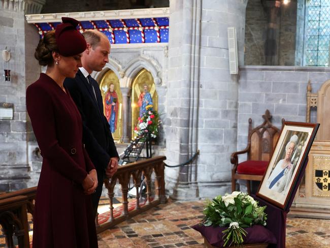 ST DAVIDS, WALES - SEPTEMBER 08: Prince William, Prince of Wales and Catherine, Princess of Wales attend a service at St Davids Cathedral, on the first anniversary of Queen Elizabeth's death, on September 8, 2023 in St Davids, Wales. Queen Elizabeth II passed away at Balmoral Castle, her private Scottish residence, on September 8th 2022. This brought to an end her 70-year reign, the longest of a British monarch. Her funeral was held at Westminster Abbey on 19 September and she is buried in St George's Chapel at Windsor Castle. (Photo by Toby Melville - WPA Pool/Getty Images)