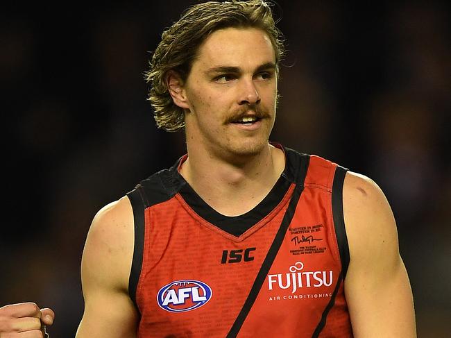 Joe Daniher of the Bombers reacts after kicking a goal during the Round 17 AFL match between the St.Kilda Saints and the Essendon Bombers at Etihad Stadium in Melbourne, Friday, July 14 , 2017. (AAP Image/Julian Smith) NO ARCHIVING, EDITORIAL USE ONLY