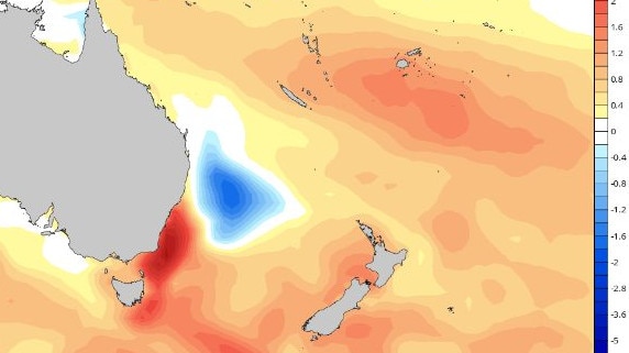 An abnormal pocket of cool ocean temperatures could clash with surrounding warmer waters, causing convection and a major flood event. Picture: Tropical titbits ocean temperature mapping