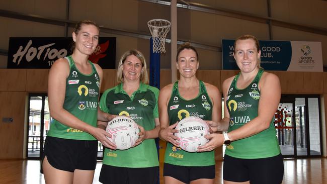 Diamonds coach Stacey Marinkovich, second from left, and players Courtney Bruce, Verity Charles and Jess Anstiss at CDU Stadium Picture: Alicia Perera