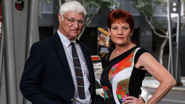 Senator Pauline Hanson, right, has been on the hustings and planning to cause headaches for smaller parties including Bob Katter MP’s Katter’s Australia Party. Picture: Zak Simmonds