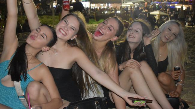 Sienna Stevens, Chaise Sears, Tyleesha Josey, Shelby and Lori (no surnames given) celebrating New Year's Eve 2022 at Mooloolaba. Photo: Elizabeth Neil