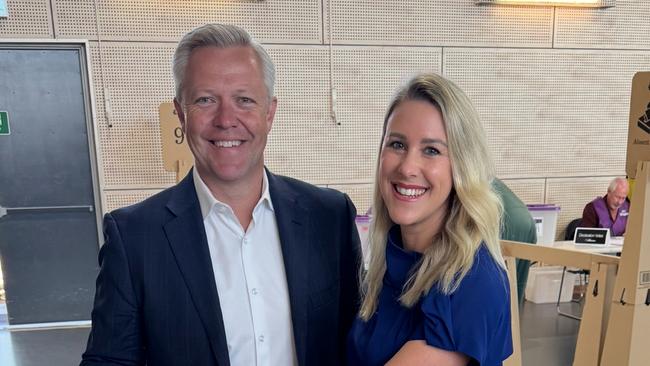 Fadden MP Cameron Caldwell and his wife Lauren voting at Coomera River State School on Saturday. Picture: Andrew Potts