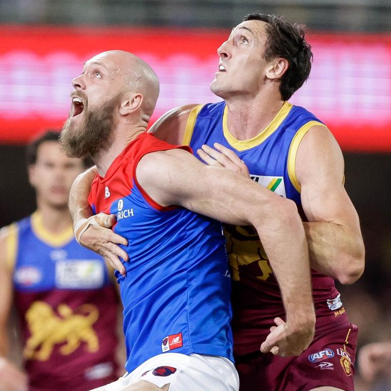 Max Gawn battles against Brisbane’s Oscar McDonald.