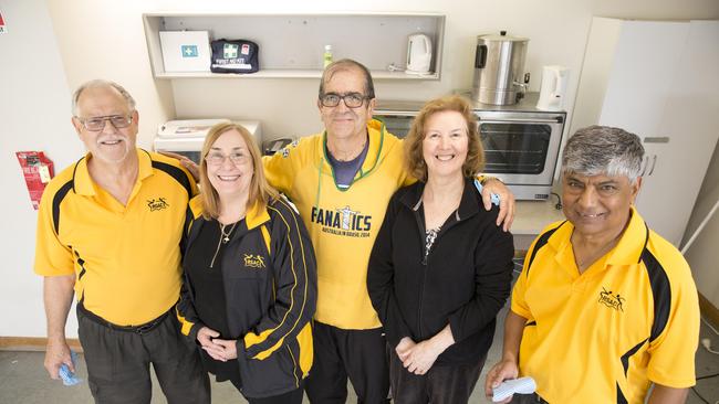 DoSomething Day 2017 - L-R Bob Beer, Jenny Bombardieri, Michael Sparsis, Anne Sparsis and Leon Sugrim pose for a photograph at the Recreation Sports and Aquatics Club, Bankstown, NSW, Australia, 19 July, 2017. The group of dads have spent today rearranging the RSAC kitchen. (AAP PHOTO/Melvyn Knipe)