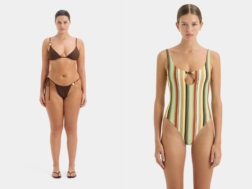 Jeanne Beaded String Triangle Top and Poolside Onepiece in Palm Stripe. Picture: Sir.