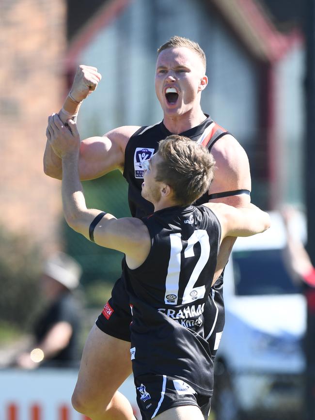 Nathan Gardiner celebrates a goal playing for Frankston in the VFL inn 2018.