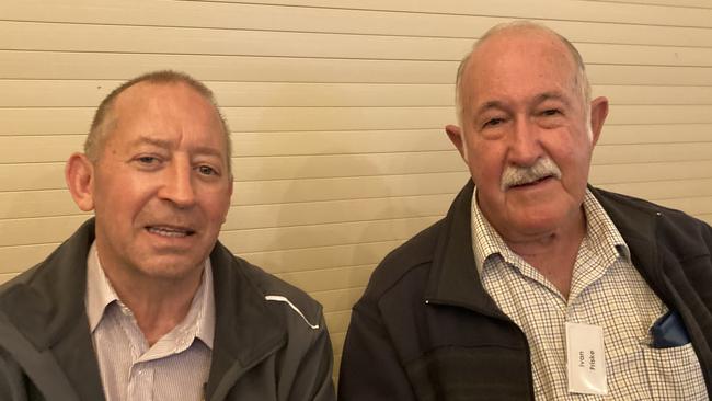 Greg Gilmore and Ivan Friske celebrate the 50th anniversary of the Rainbows Rugby League Football Club at its golden jubilee at the Gympie Showgrounds Pavilion on the night of June 3, 2023.