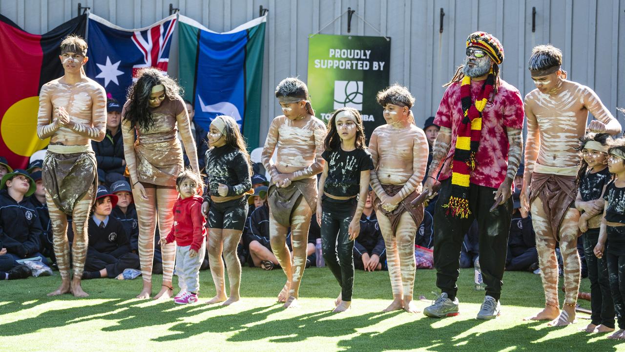 Ngarrumban Arts and Cultural Experience dancers at the Have Another Look Captain Cook! school program at Cobb and Co Museum, Monday, July 29, 2024. Picture: Kevin Farmer