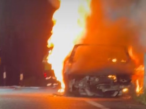 A single-vehicle fire on the Kuranda Range Rd section of the Kennedy Hwy at Kuranda, which occurred about 6.50pm on Friday, April 25. Picture: Facebook