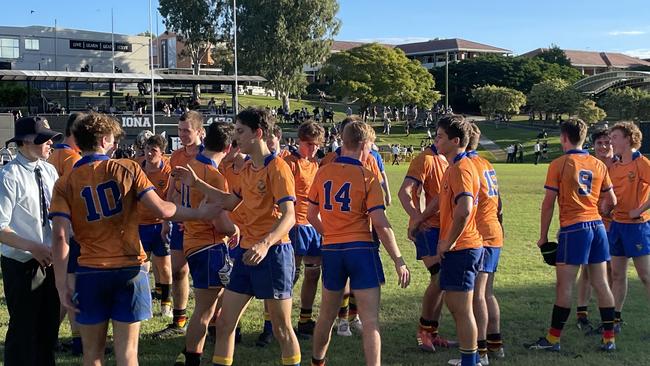 Marist College Ashgrove First XV rugby team celebrating their second consecutive win in AIC schoolboy rugby.