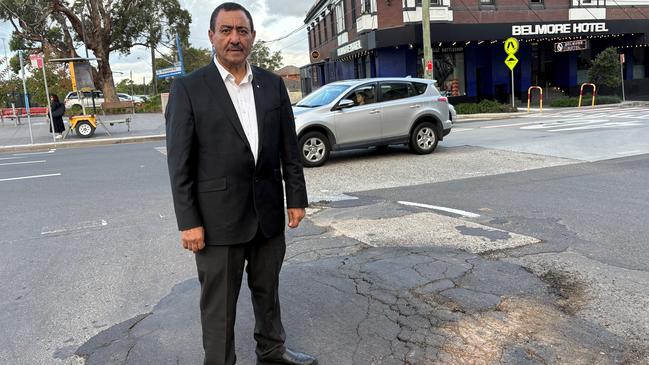 Deputy Mayor of Canterbury-Bankstown Council Khodr Saleh on Belmore Rd. Increased bus traffic due to the T3 shutdown has seen a spike in road damages. Picture: Supplied