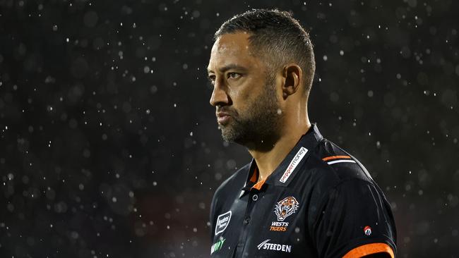 BATHURST, AUSTRALIA – APRIL 29: Tigers assistant coach Benji Marshall looks on during the round nine NRL match between Penrith Panthers and Wests Tigers at Carrington Park on April 29, 2023 in Bathurst, Australia. (Photo by Mark Metcalfe/Getty Images)