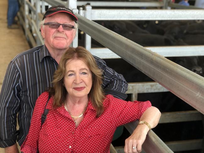 Vendors Denise and Ian Hurley of Denian at Birregurra sold their 70, six-month-old Angus heifers to a top of $1940 for two pens of 25. Picture: Petra Oates