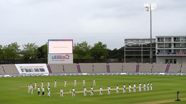 Both teams observe a minutes silence ahead of day one of the first Test between England and the West Indies, in Southampton. Picture: Getty Images