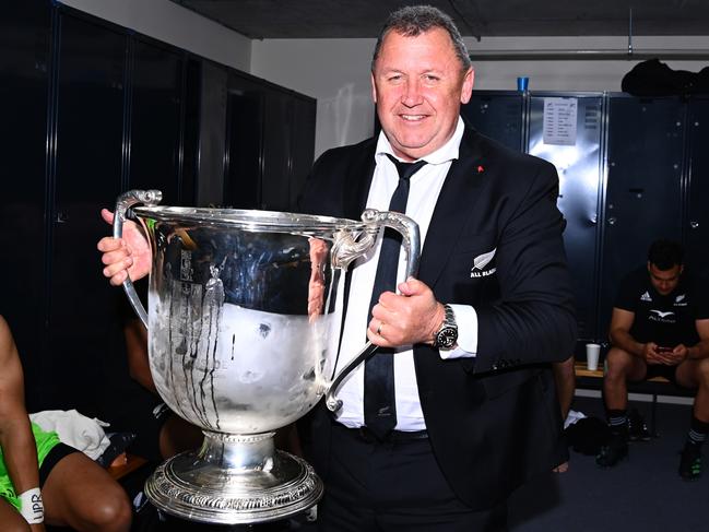 Head coach Ian Foster of the All Blacks celebrates with the Bledisloe Cup. Picture: Hannah Peters/Getty Images