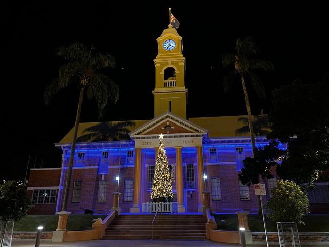 Maryborough City Hall lit up blue in memory of the two slain officers.