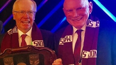 Peter Beattie and Bruce Hatcher with the State of Origin shield