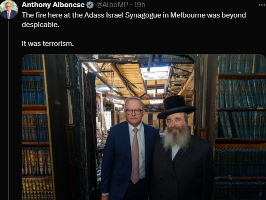 An X post by Australian Prime Minister Anthony Albanese about the"terror" attack on a Melbourne Synagogue over the weekend. Picture: X