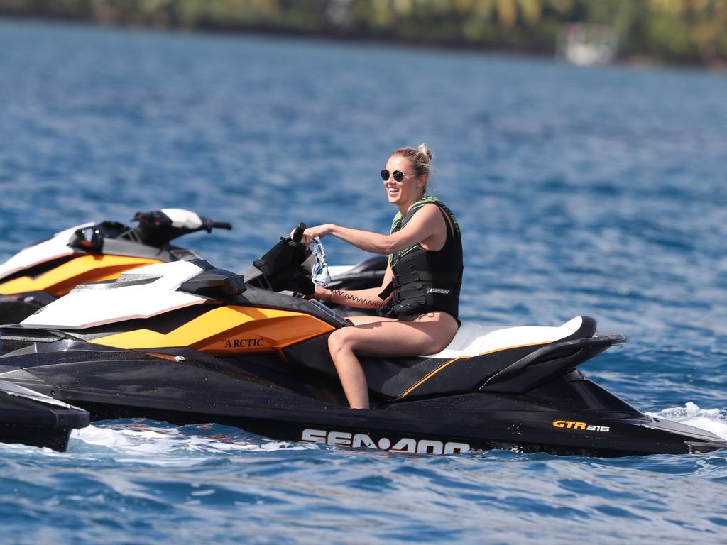 Karl Stefanovic and girlfriend Jasmine Yarbrough were spotted holidaying in Bora Bora with James Packer and his kids, aboard his luxury yacht Arctic P. They were also accompanied by a group of friends, including a mystery brunette, who is pictured sitting next to a visibly larger James Packer. Picture: Backgrid