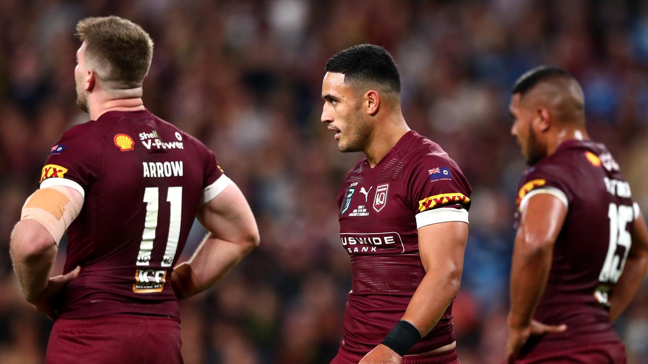 BRISBANE, AUSTRALIA - JUNE 27: Valentine Holmes of the Maroons looks on during game two of the 2021 State of Origin series between the Queensland Maroons and the New South Wales Blues at Suncorp Stadium on June 27, 2021 in Brisbane, Australia. (Photo by Chris Hyde/Getty Images)