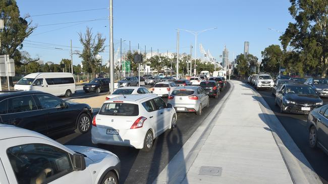 Peak-hour traffic trying to negotiate the new turn on Monday. Picture: Tony Gough