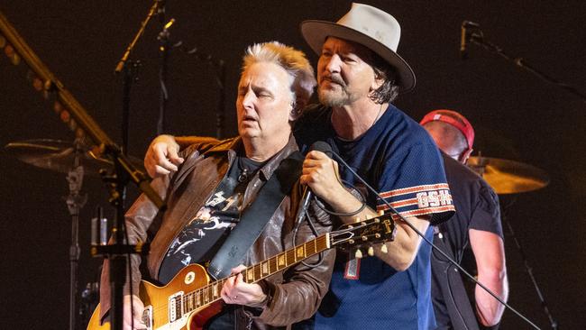 Lead guitarist Mike McCready (L) and singer, songwriter and guitarist Eddie Vedder of Pearl Jam performs live on stage during the Dark Matter world tour. Picture: Jim Bennett