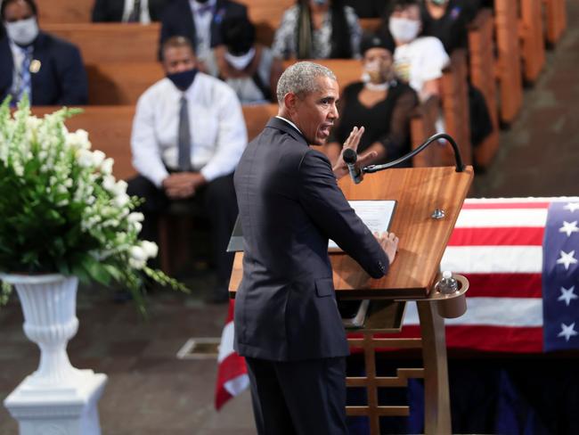 Former US President Barack Obama speaks during the funeral of late Representative and Civil Rights leader John Lewis(D-GA) at the State Capitol in Atlanta, Georgia on July 30, 2020. - Lewis, a 17-term Democratic member of the US House of Representatives from the southern state of Georgia, died of pancreatic cancer on July 17 at the age of 80. (Photo by Alyssa Pointer / POOL / AFP)