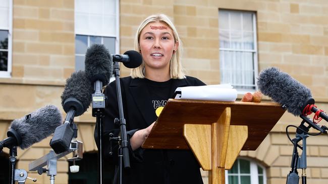 Maggie Blanden, Juris Doctor Candidate, and Research Assistant in Indigenous Law and Justice Hub in Melbourne, speaking at the Invasion Day Rally in Hobart. Picture: Mireille Merlet