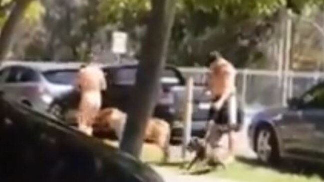 A man has been captured on film kicking and dragging his dog from a ute. Photo: Supplied.