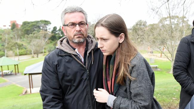 Borce Ristevski (centre right) and their daughter at a police press conference in 2016 after pleading for information about Karen.