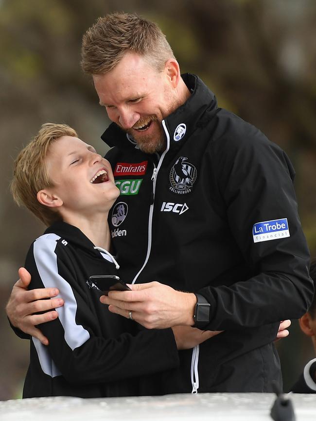 Collingwood Magpies coach Nathan Buckley and son Jett in 2018. Picture: Quinn Rooney