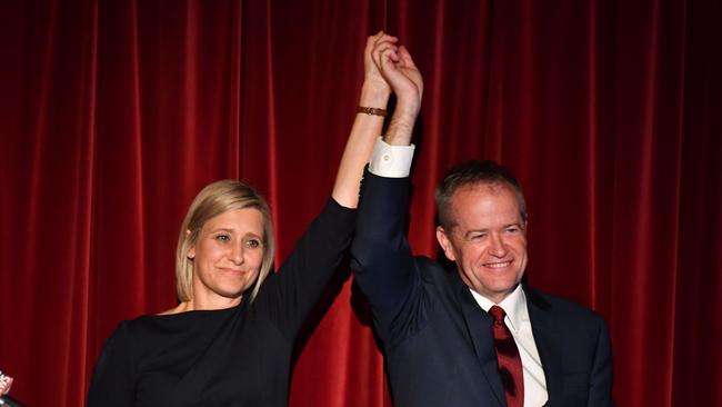 Labor candidate for Longman Susan Lamb and Leader of the Opposition Bill Shorten claim victory in the seat of Longman at the Caboolture RSL Club. Picture: AAP