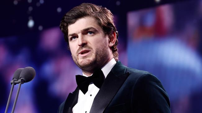 MELBOURNE, AUSTRALIA - SEPTEMBER 23: Angus Brayshaw of the Demons toasts retiring players during the 2024 Brownlow Medal at Crown Palladium on September 23, 2024 in Melbourne, Australia. (Photo by Michael Willson/AFL Photos via Getty Images)