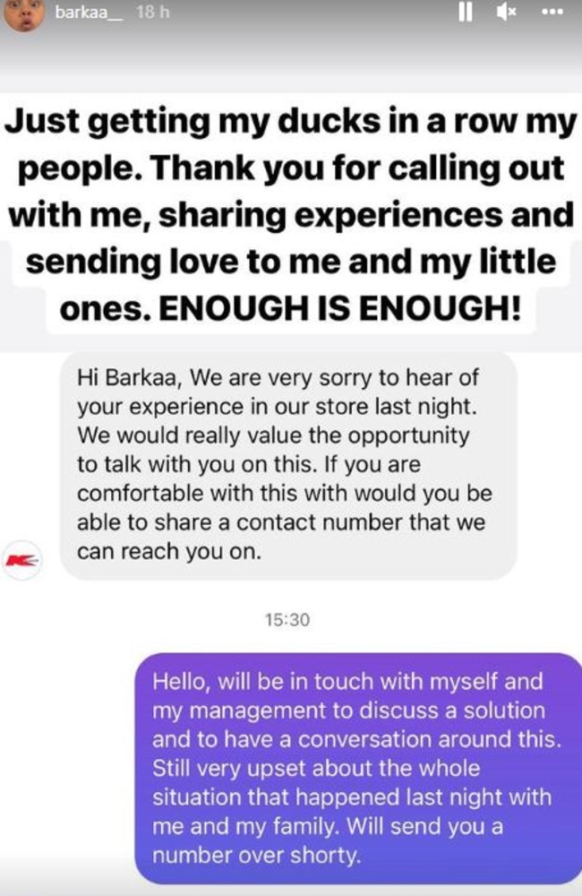 Barkaa shared a screenshot of a message from the retailer to her apologising for the incident. Picture: Instagram