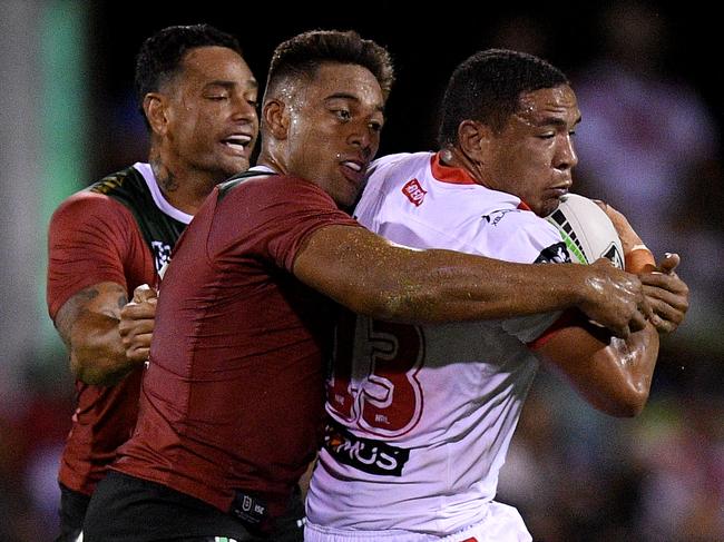 Tom Amone (L), in action for the Rabbitohs during the Charity Shield NRL pre-season match in March 2019, could be a big beneficiary of Knight’s shift to lock. Picture: AAP Image/Dan Himbrechts