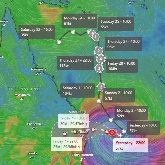 Cyclone Alfred's path down the Queensland coast. Picture: Windy