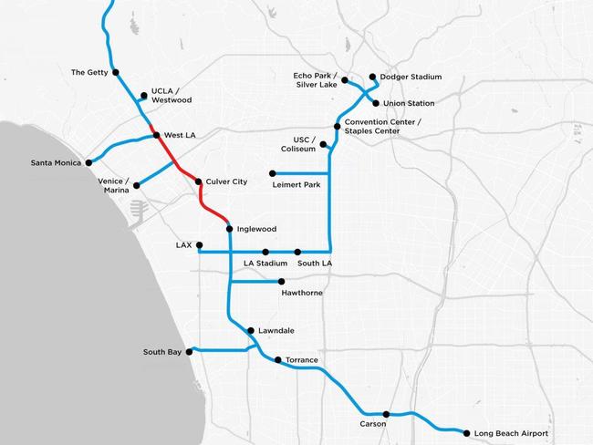 The red segment represents the testing tunnel, while blue segments are potential expansion routes.