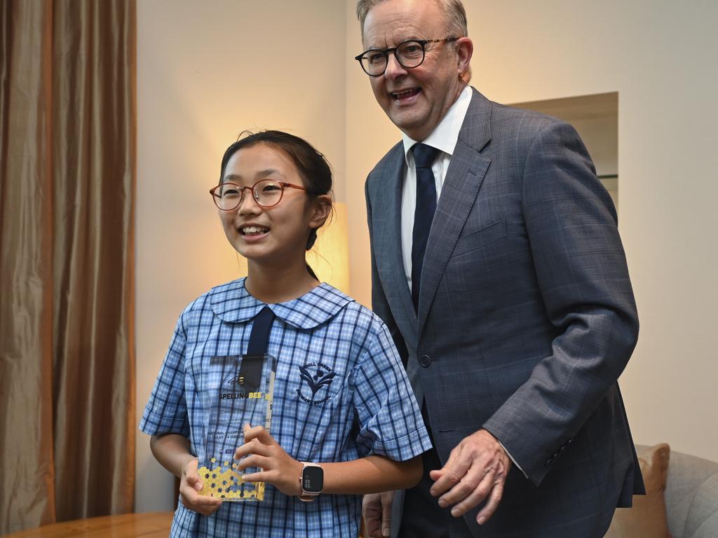 Reigning champion in the Years 3-4 category of the Prime Minister’s Spelling Bee, Joanne Lee is pictured in Canberra meeting Prime Minister Anthony Albanese as part of her prize. Picture: NCA NewsWire/Martin Ollman